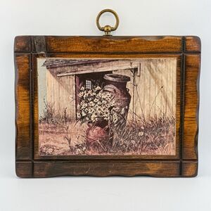 Vintage Rustic Barn Print Daisy Flowers – Wooden Frame Farmhouse MCM Decor